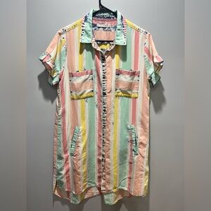 Women's Medium Billy T Boho Pastel Striped High-Low Tunic Dress Ruffle Slevees